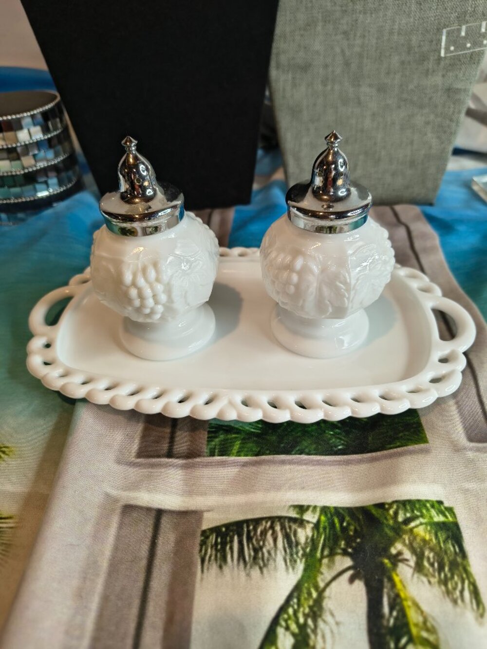 Vintage Imperial Milk Glass Shakers with Underplate